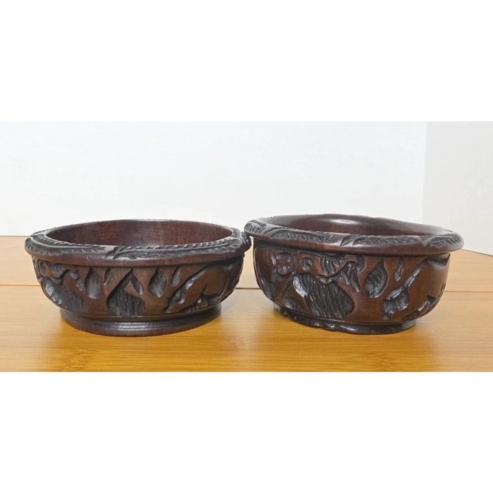 Hand Carved Wood Bowls with African Animals 4 In Diameter Elephant Rhino Lion‎